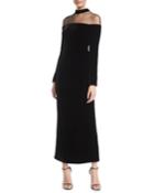 Illusion Mock-neck Long-sleeve Velvet Column Evening Gown