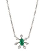 18k White Gold Stemmed Diamond & Emerald Necklace