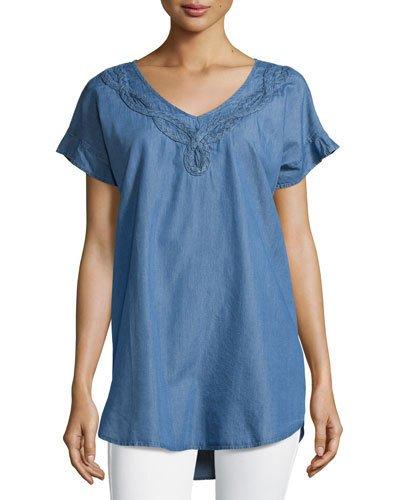 Braided-trim Chambray Short-sleeve Blouse,