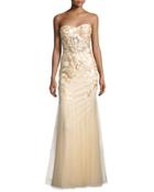 Floral-embroidered Bustier Gown, Beige