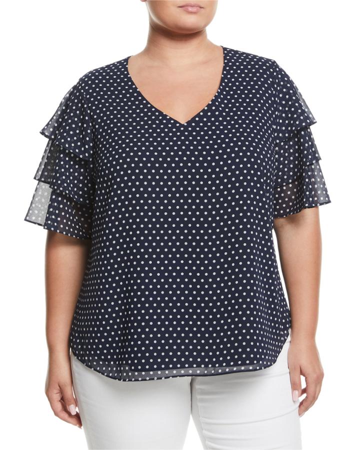 Tiered-sleeve Polka-dot Blouse,