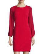 Pleated-sleeve Crepe Dress, Red
