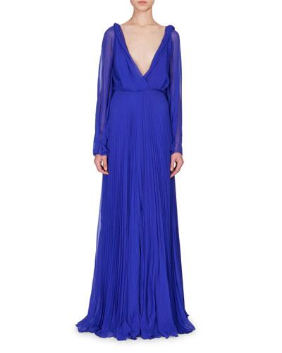Long-sleeve Plunging-neck Gown, Cobalt Blue