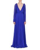 Long-sleeve Plunging-neck Gown, Cobalt Blue