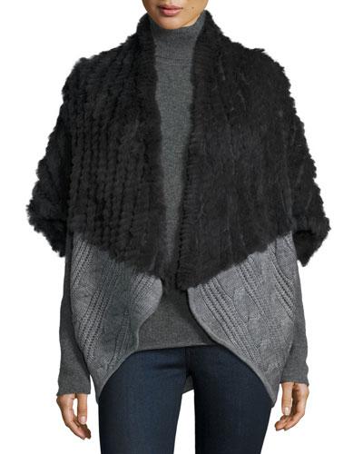 Open-front Fur-trim Cocoon Cardigan, Gray
