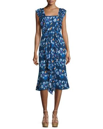 Cleo Ruffle-trim Floral Silk Dress, Indigo/multicolor