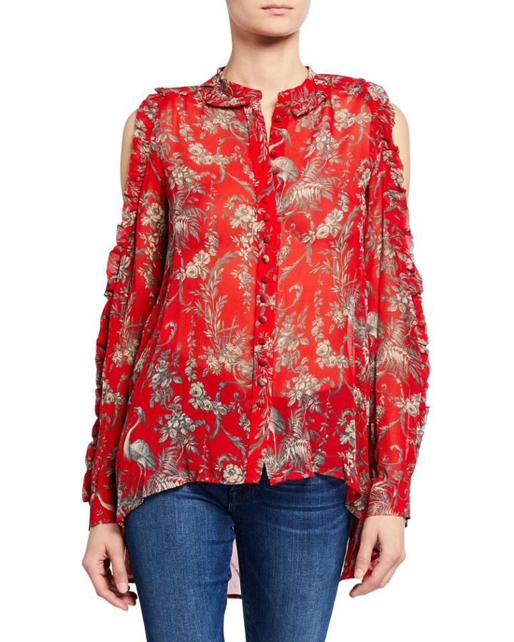 Silk Birdy-print Ruffle High-low Top, Red