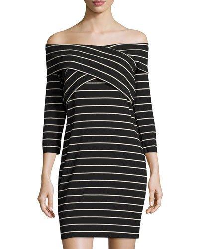 Off-the-shoulder Sailor-stripe Minidress, Black/white