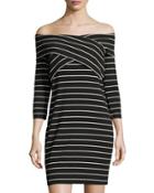 Off-the-shoulder Sailor-stripe Minidress, Black/white
