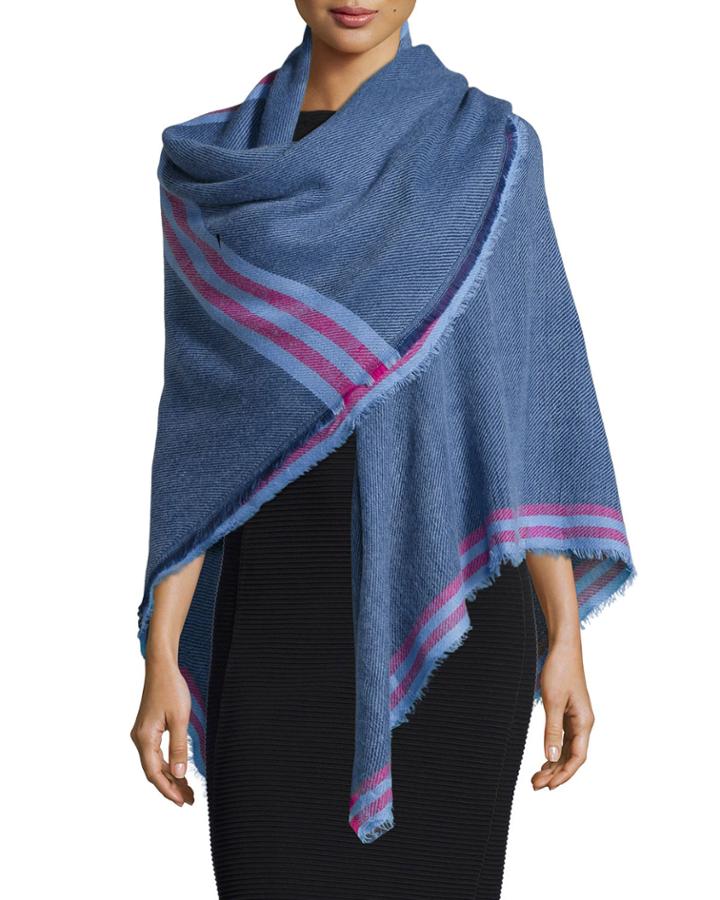 Neiman Marcus Striped-border Woven Wrap, Navy Mosaic, Women's, Navy