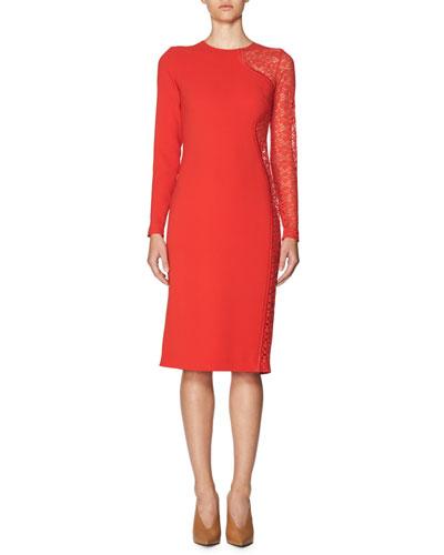 Lace-side Long-sleeve Dress, Red
