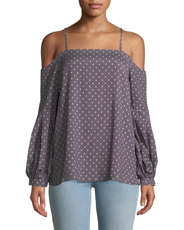 Cold-shoulder Polka-dot Zip-front Blouse