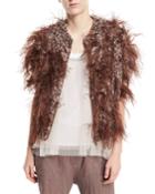 Cap-sleeve Zip-front Cashmere Cardigan With Feathers &