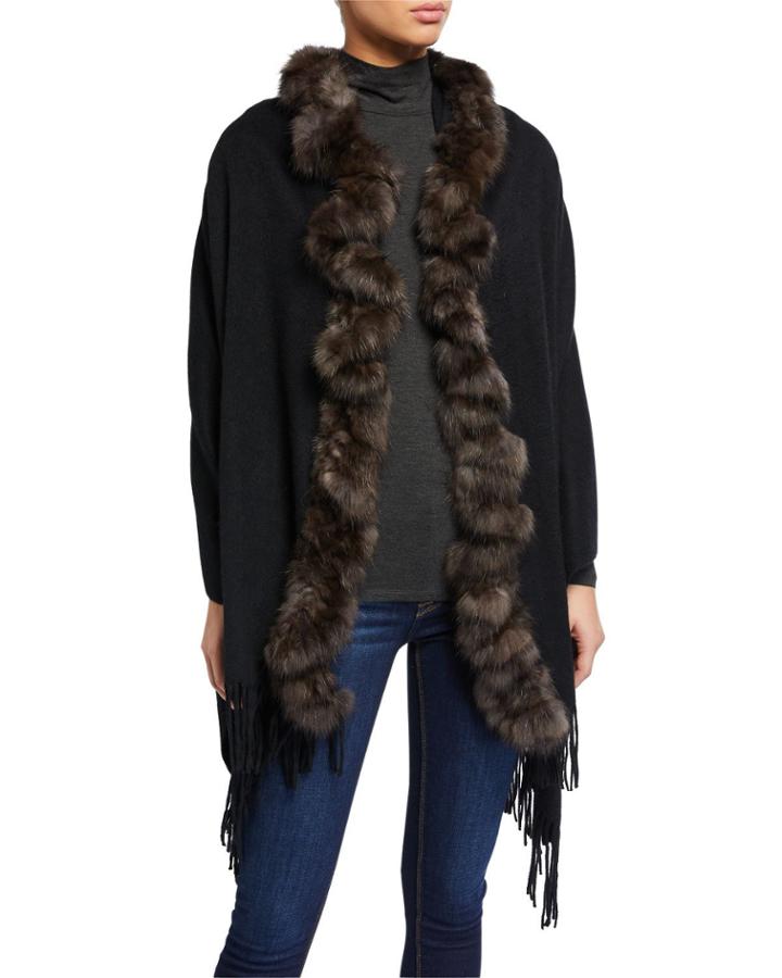 Cashmere Fringe Stole With Fur
