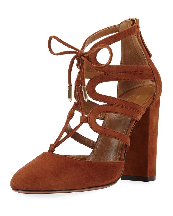 Holli Suede Curvy-caged Pump, Cognac