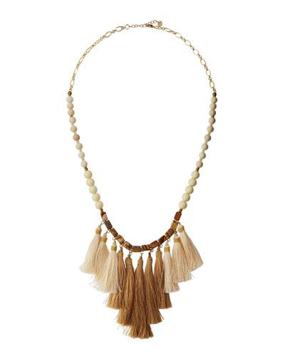 Long Beaded Stone Tassel Necklace, Cream/brown