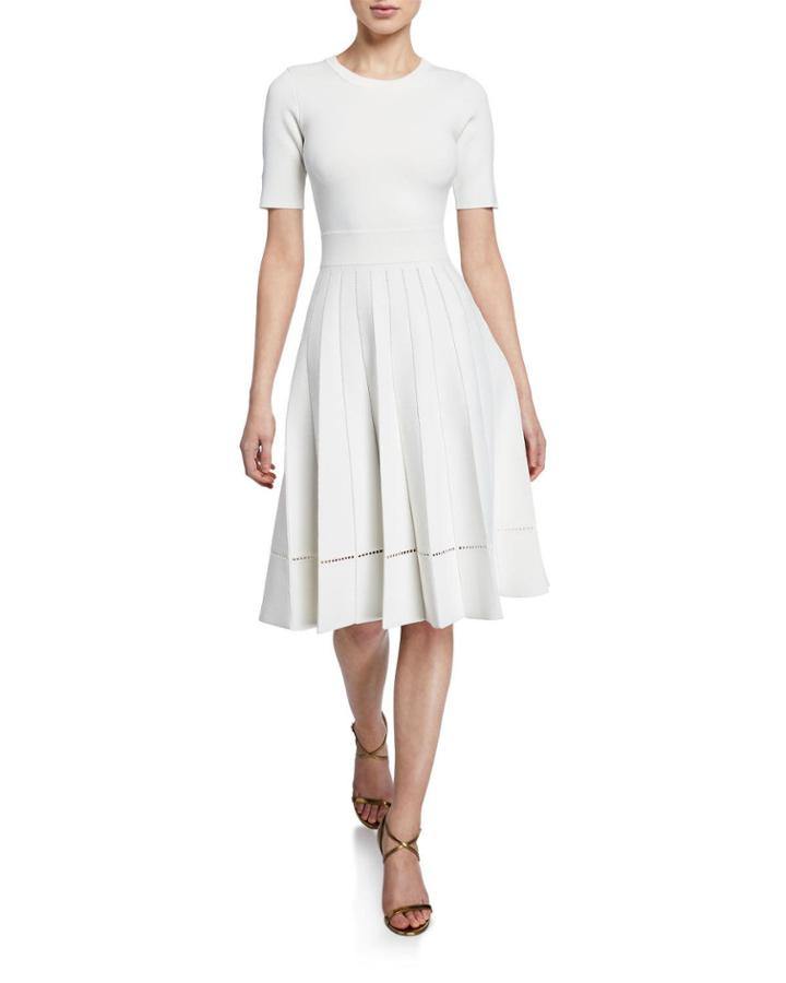 3/4-sleeve Crewneck Pleated Dress