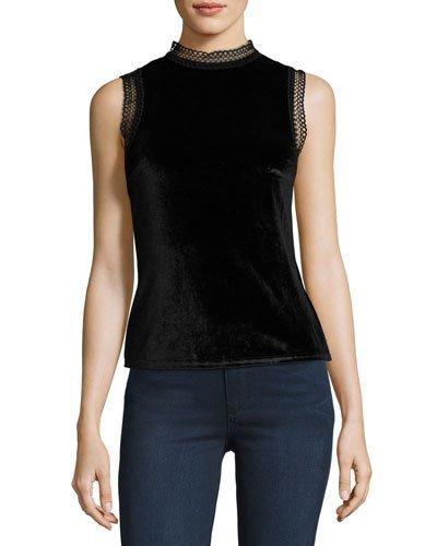 Tell-tale Lace-trim Velvet Top, Black