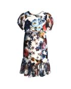Floral-print Short-sleeve Ruffle-hem Chiffon Combo Dress,
