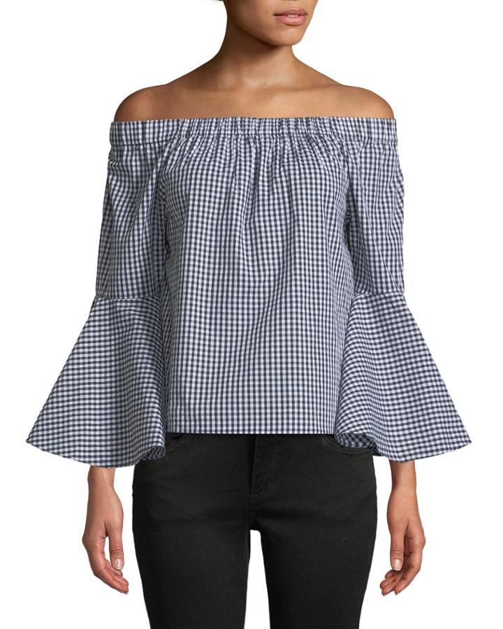 Off-the-shoulder Bell-sleeve Gingham Blouse