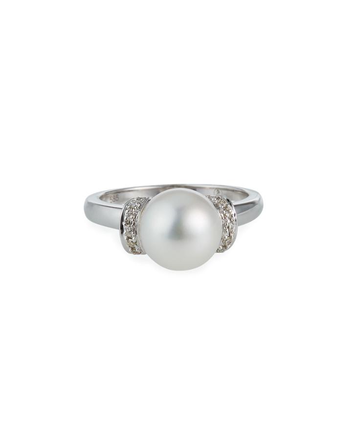 14k White Gold Diamond-shoulder Pearl Ring, White