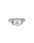 14k White Gold Diamond-shoulder Pearl Ring, White