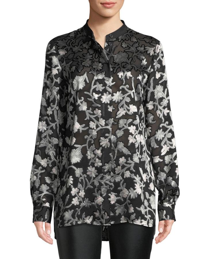 Brayden Long-sleeve Button-front Floral-burnout Blouse