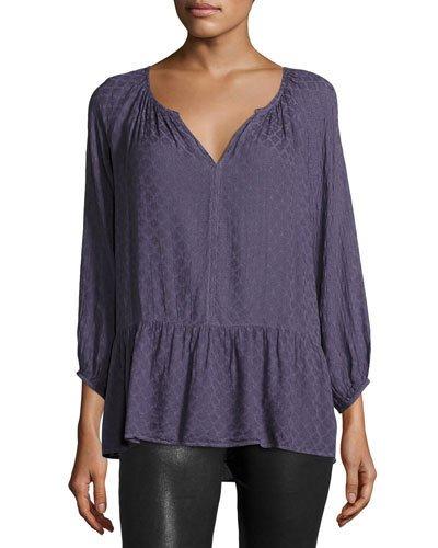 Damask-print Split-neck Blouse