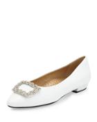 Georgia Crystal-buckle Leather Flat, White/silver