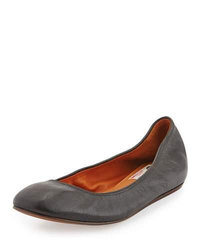 Scrunched Leather Ballerina Flat, Black