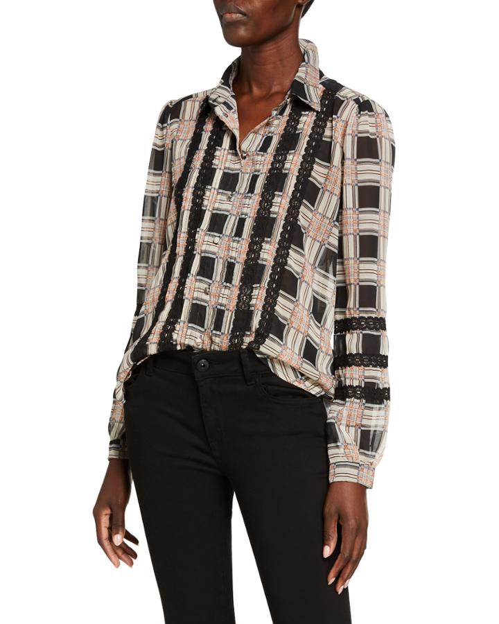Plaid Pintucked Lace Button Down Blouse