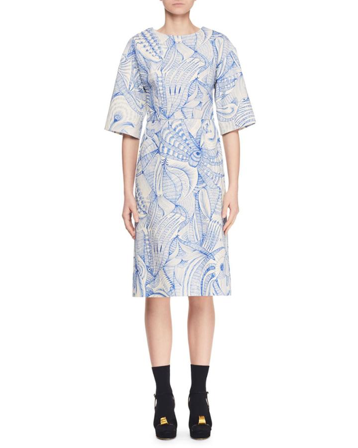 Crewneck Elbow-sleeve A-line Tapestry-print Knee-length Dress
