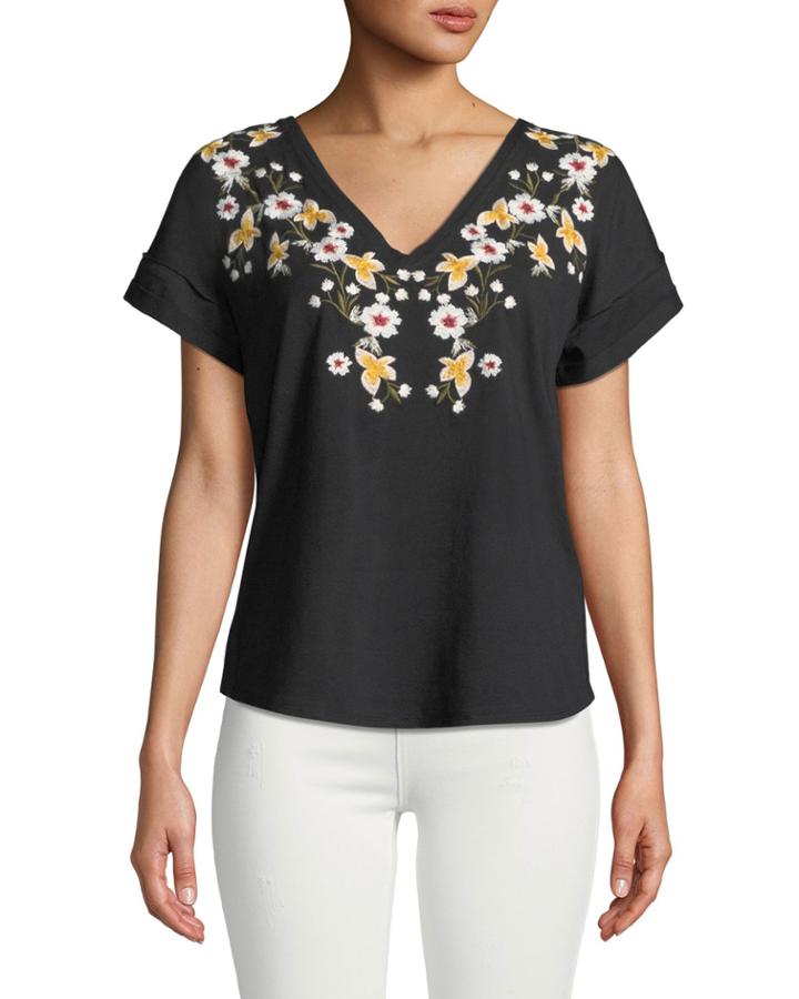 V-neck Floral-embroidered Knit Top