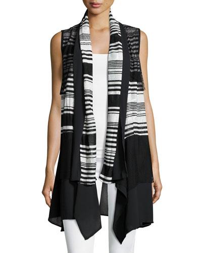 Sleeveless Striped Chiffon-hem Cardigan, Black/white