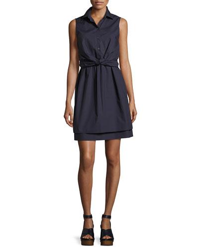 Sleeveless Tied Poplin Shirtdress, Navy