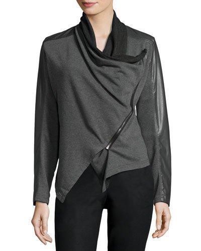 Drape-front Faux-leather Trim Jacket, Gray