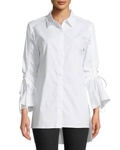 Button-front Gathered-sleeve Blouse