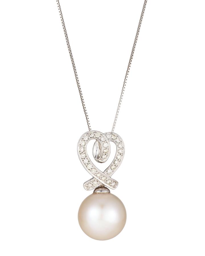Belpearl 14k Akoya Pearl & Diamond Ribbon Heart Pendant Necklace, Women's