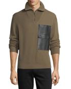 Cardigan Sweater W/leather Pocket
