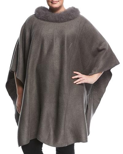 Fox Fur-trim Knit Poncho,