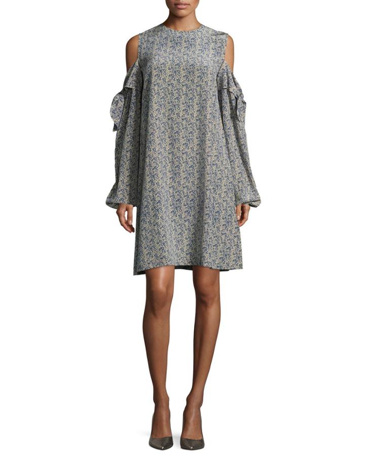 Cold-shoulder Silk Mini Dress, Blue