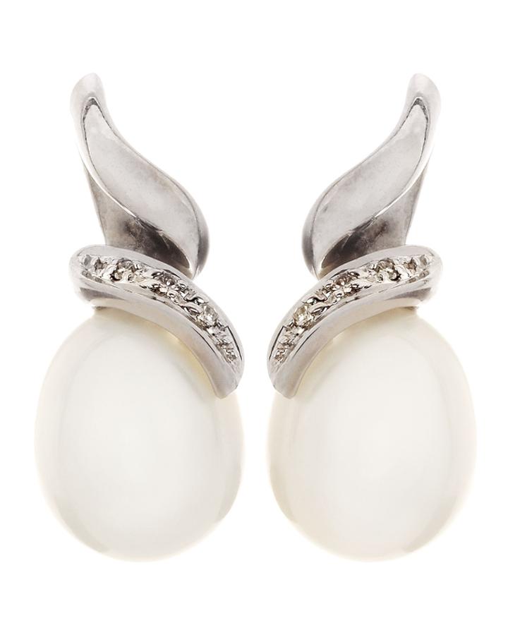 14k White Gold Diamond & Pearl Drop Earrings