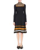 Slit-neck Long-sleeve Striped Fit-and-flare Knee-length Dress