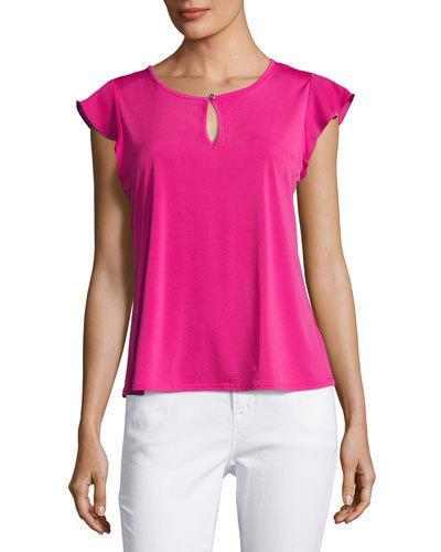 Flutter-sleeve Crepe Top, Vivid Rose