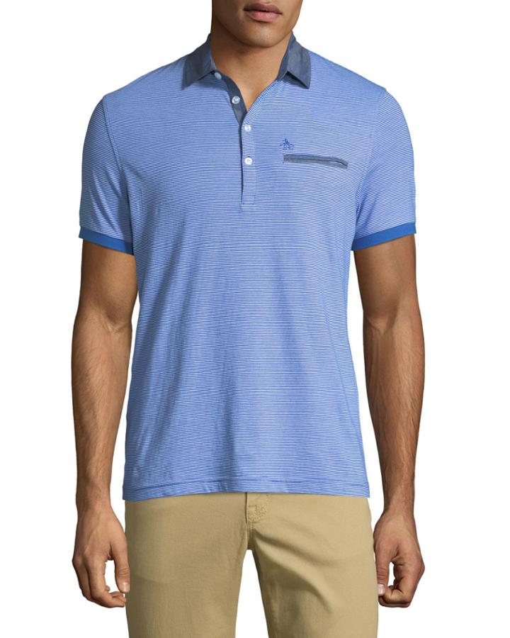 Men's Stripe Chambray-collar Shirt W/ Polo Pocket
