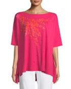 Boat-neck Short-sleeve Big Tee W/ Floral Applique & Beading
