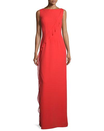 Sleeveless Boat-neck Ruffled Gown, Red