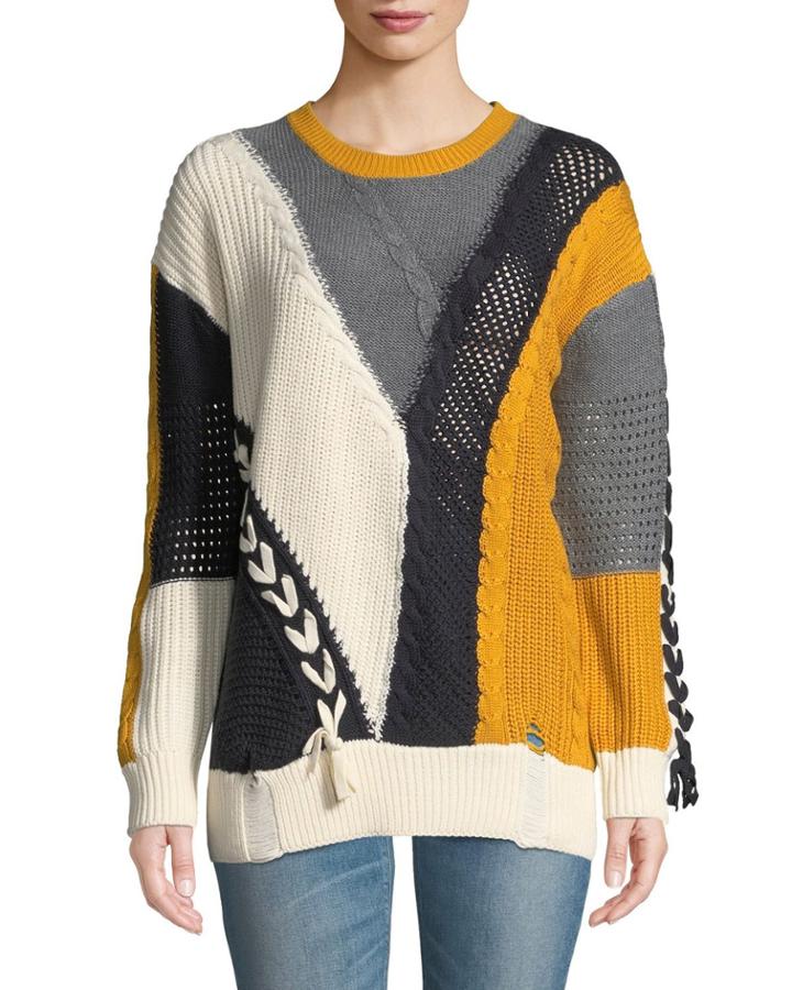 Colorblocked Lace-up Pullover