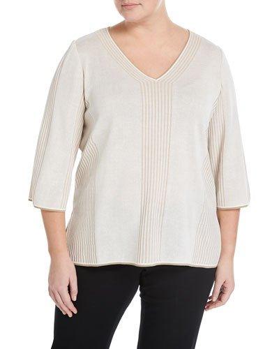 3/4-sleeve Striped-knit Top, Brown