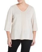 3/4-sleeve Striped-knit Top, Brown